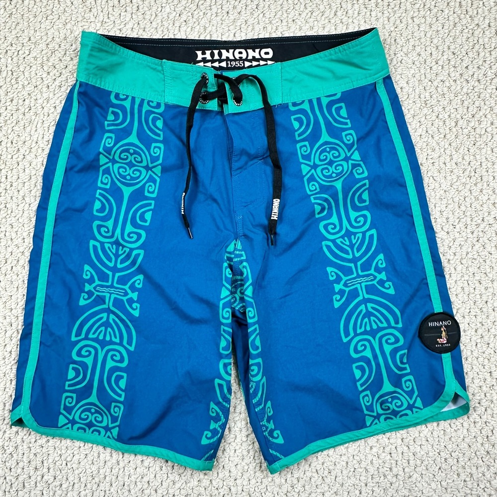 Hinano Tahiti Board Shorts Mens Size 31 Blue Green Tribal Graphic Swim Trunks